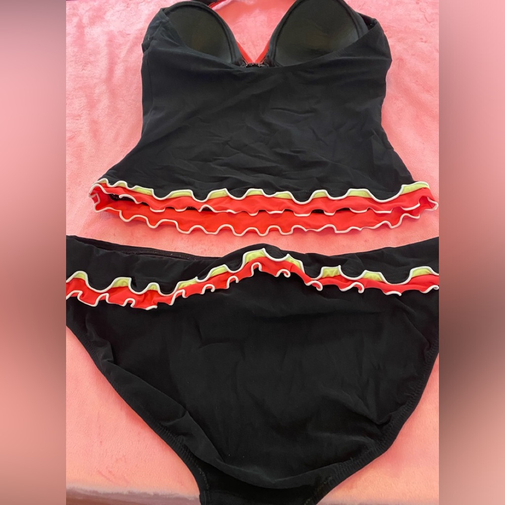 Two piece swimsuit black w orange ruffle trim
